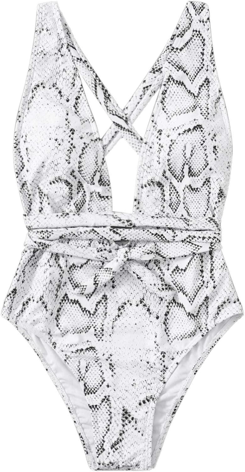 SweatyRocks Women's Sexy Bathing Suits Criss Cross Tie Knot Front Deep V Open Back Leopard One Pi... | Amazon (US)