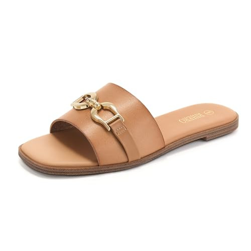 Rihero Slide Sandals Women Comfortable Flat Slides Dressy Summer Square Peep Toe Leather Wide Width Sandals Nude Size 9 | Amazon (US)