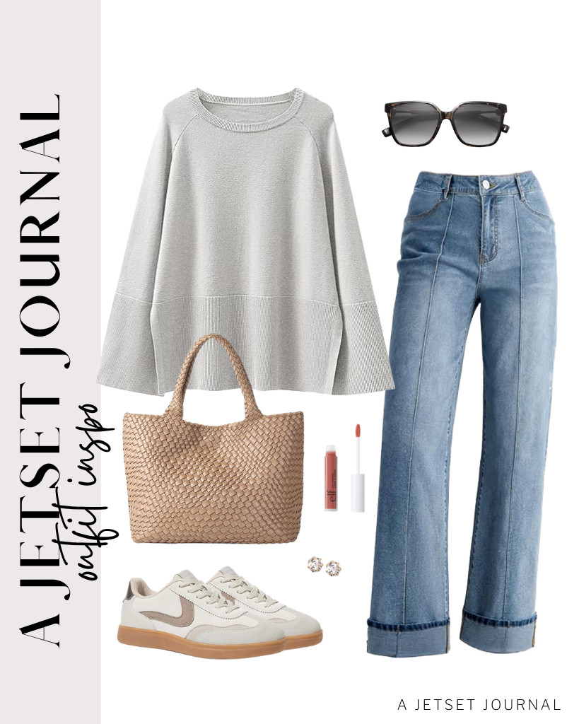 This smoky gray ANRABESS sweater is a great pair for wide-leg cuffed jeans. You can wear this together with fashion square sunnies from SOJOS and sneakers. 

 #LTKSeasonal #LTKSaleAlert #LTKTravel