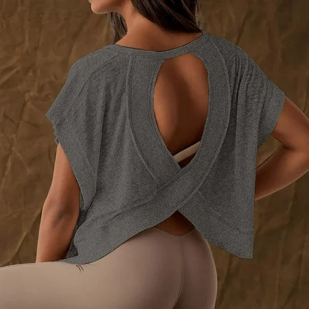 BAODANN Women Open Back Workout Top Oversized Workout T Shirts Backless Athletic Shirt Short Apparel T Shirt Woman T Shirt Short Sleeve Womens Cold Gear Long Sleeve Womens Tee Shirts Shirt Juniors | Walmart (US)