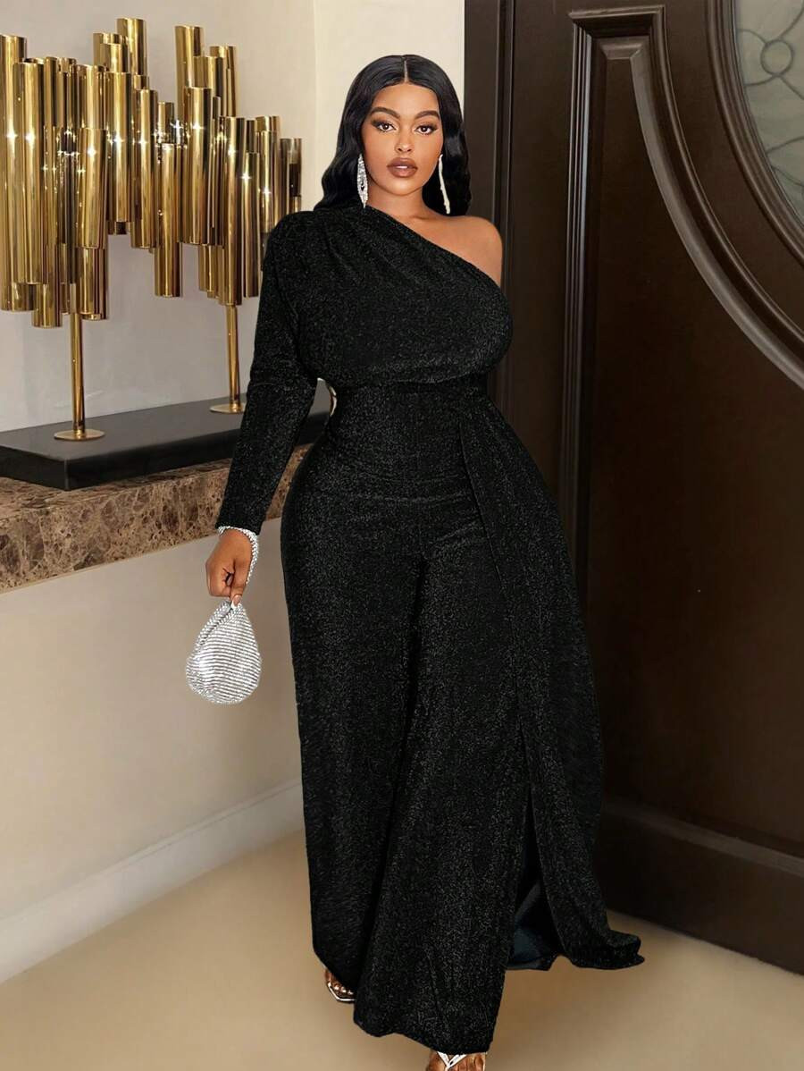 Slaydiva Plus Size Elegant Formal Jumpsuit With Asymmetric Cut, Cinched Waist, Straight Leg, Gree... | SHEIN