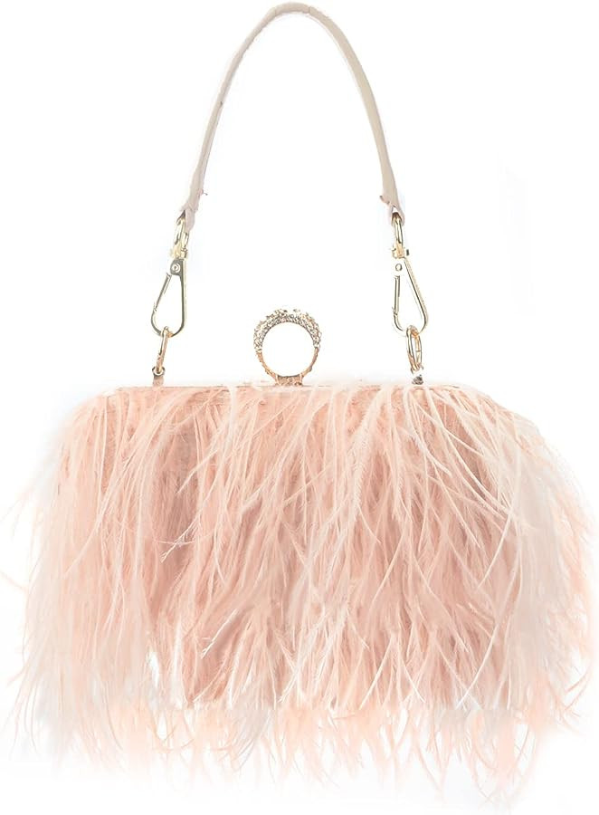 KUANG! Real Natural Ostrich Feather Clutch Evening Bag Fashion Handbag Purse for Banquet Party | Amazon (US)