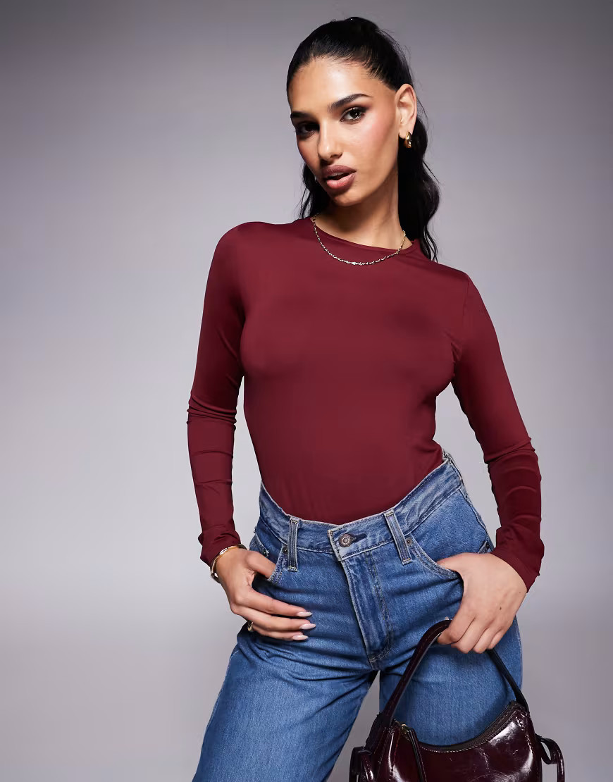 ASOS DESIGN polyamide slinky long sleeve bodysuit in burgundy-Red | ASOS (Global)