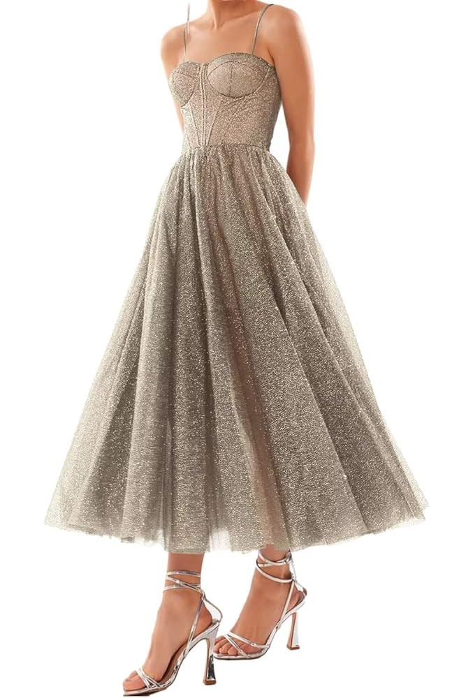 Cudiew Glitter Tulle Prom Dress Tea Length for Women A Line Sparkly Formal Evening Party Gowns | Amazon (US)