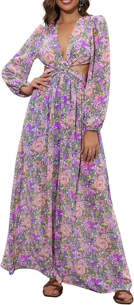 LYHNMW Women's Summer Casual Floral Print Waist Cut Out Maxi Dress Long Sleeve Flowy Long Beach D... | Amazon (US)