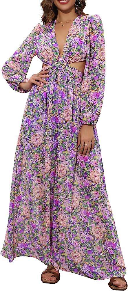 LYHNMW Women's Summer Casual Floral Print Waist Cut Out Maxi Dress Long Sleeve Flowy Long Beach D... | Amazon (US)