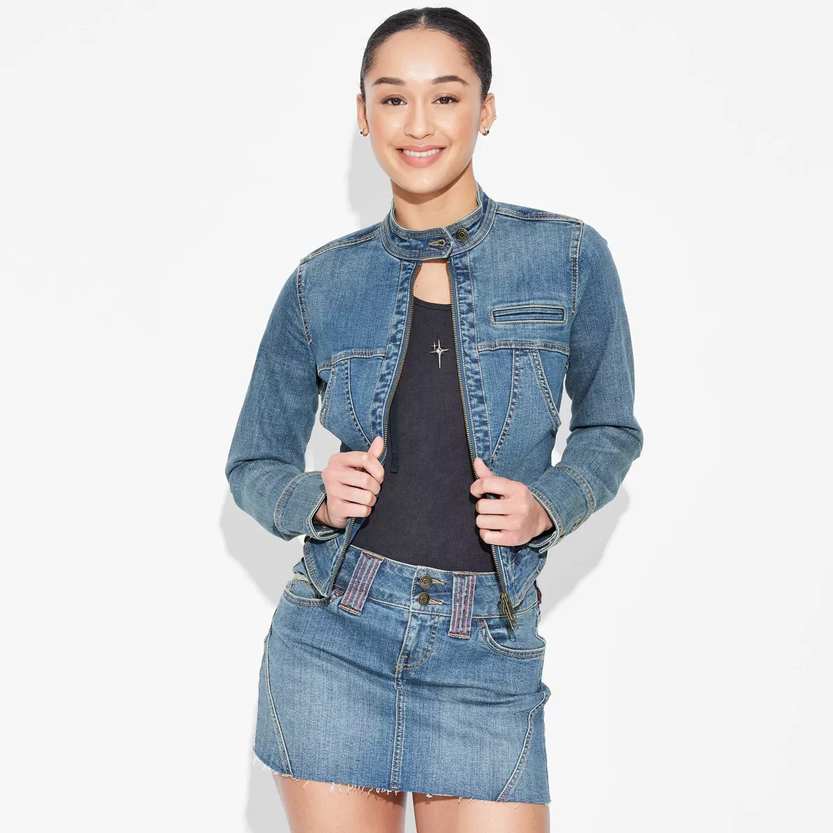 Women's Fitted Denim Moto Jacket - Wild Fable™ Medium Wash | Target