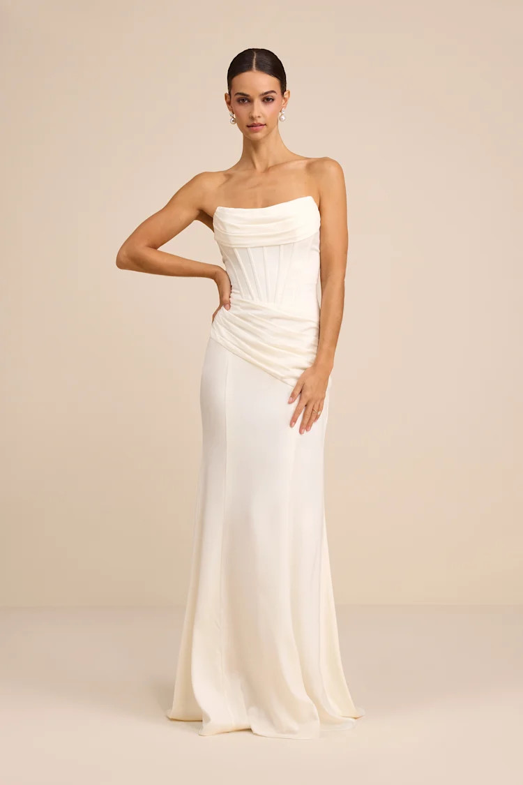 Claudette White Satin Strapless Bustier Maxi Dress | bridal outfits | bridal dress | Lulus