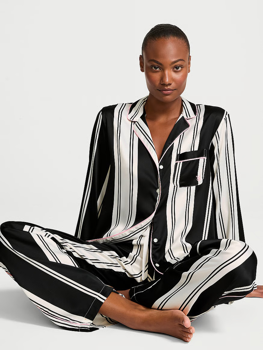 Buy Satin Long Pajama Set, Coconut White & Black Stripes - Order Pajamas Sets online - Victoria's... | Victoria's Secret (US / CA )