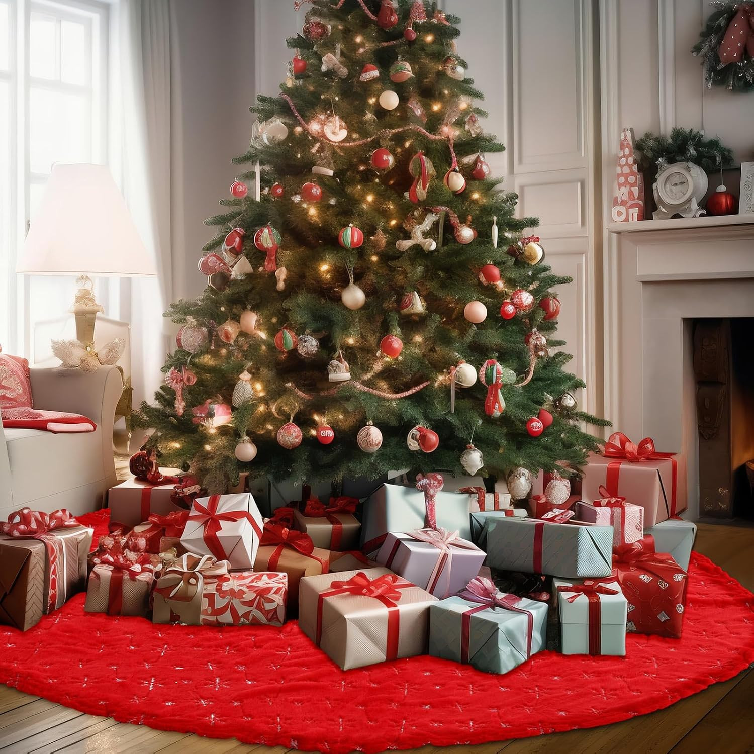 Libima 84 Inches Large Christmas Tree Skirt Faux Fur Red Xmas Tree Skirt Plush Velvet with Silver Sequins Snowflakes for Xmas Decorations Merry Christmas Party Winter Holiday Ornaments | Amazon (US)