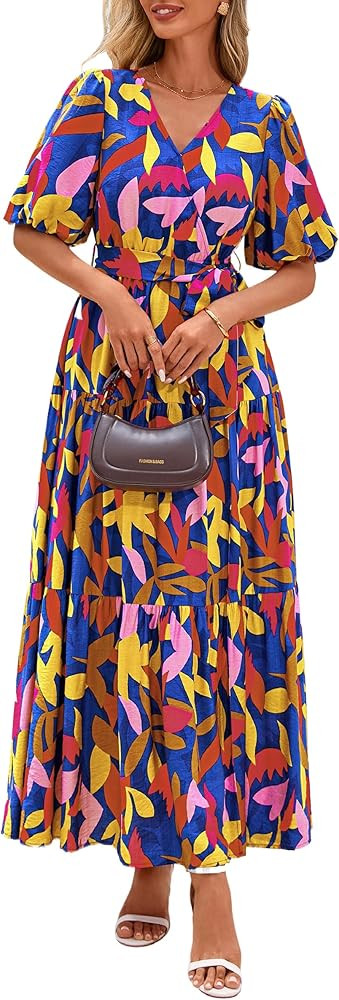 PRETTYGARDEN Women's Summer Maxi Dress 2026 Resort Wear Boho Floral V Neck Puff Short Sleeve Ruff... | Amazon (US)