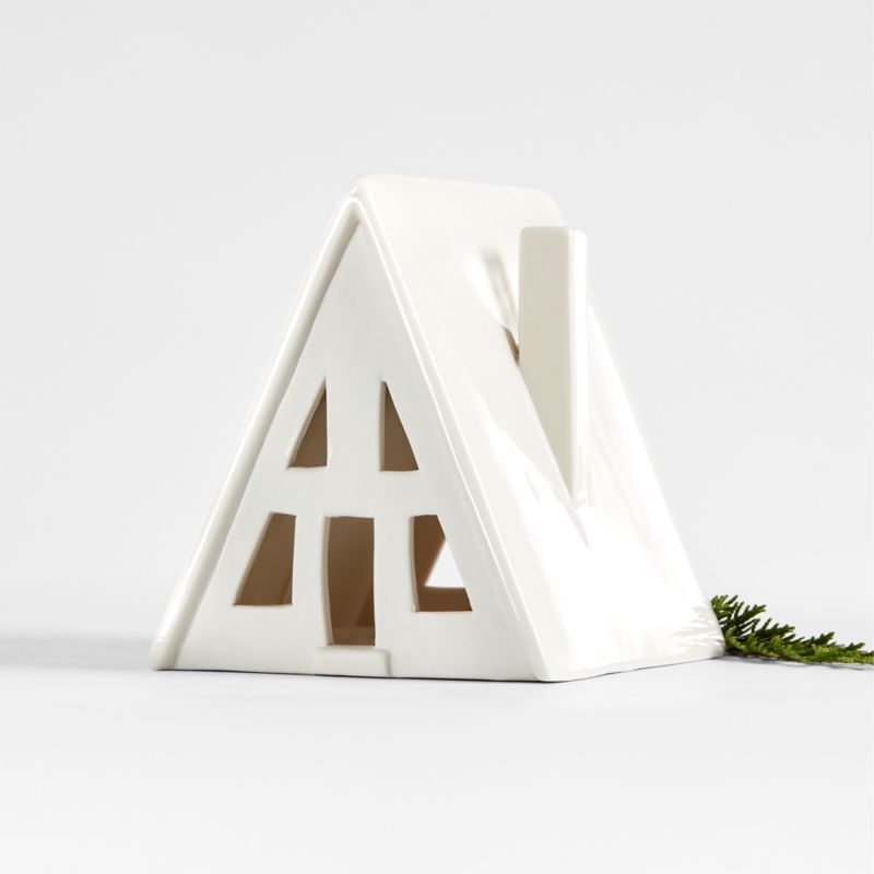 Small White Ceramic Holiday Alpine A-Frame House | Crate & Barrel | Crate & Barrel