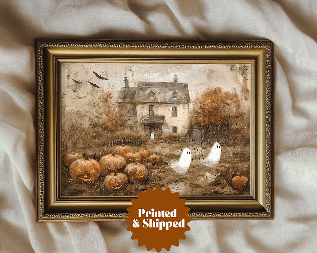 Cute Ghosts Haunted Halloween Farmhouse | Spooky Pumpkin Patch Painting Vintage | Country Cottage... | Etsy (US)