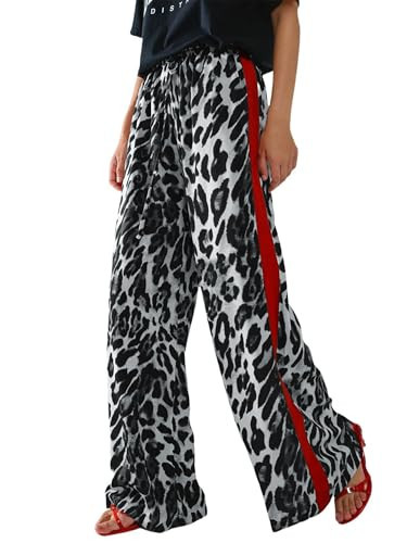 LIWEIKE Women's Leopard Print Pants Drawstring Color Block Side Striped Pants Y2K Cheetah Wide Leg Trousers with Pockets (US, Alpha, X-Large, Regular, Regular, Grey) | Amazon (US)
