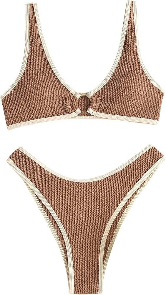 ZAFUL Women's Ribbed O-Ring String Padded Low Waisted Bikini Set Swimsuit | Amazon (US)