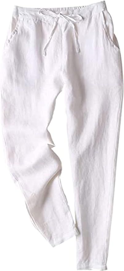 Tanming Linen Pants for Women Summer Casual High Waisted Drawstring White Beach Pant | Amazon (US)