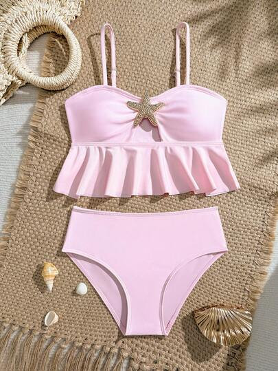 Tween Girls Bikini Sets, 2pcs Knit Fabric Spaghetti Strap Swimwear, Fashionable Casual Elegant Sw... | SHEIN