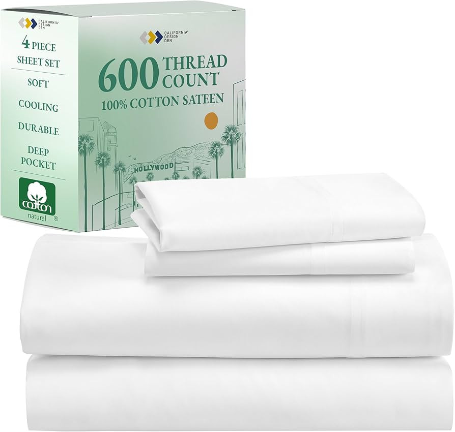 California Design Den King Sheets Cotton, Luxury 600 Thread Count 100% Sateen Bed Sheets Set, Ext... | Amazon (US)