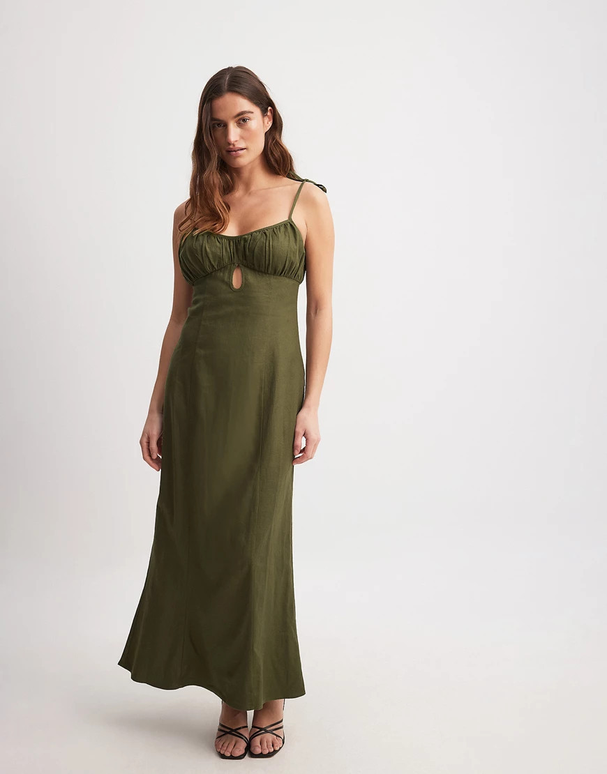 NA-KD linen tie strap maxi dress in green | ASOS (Global)