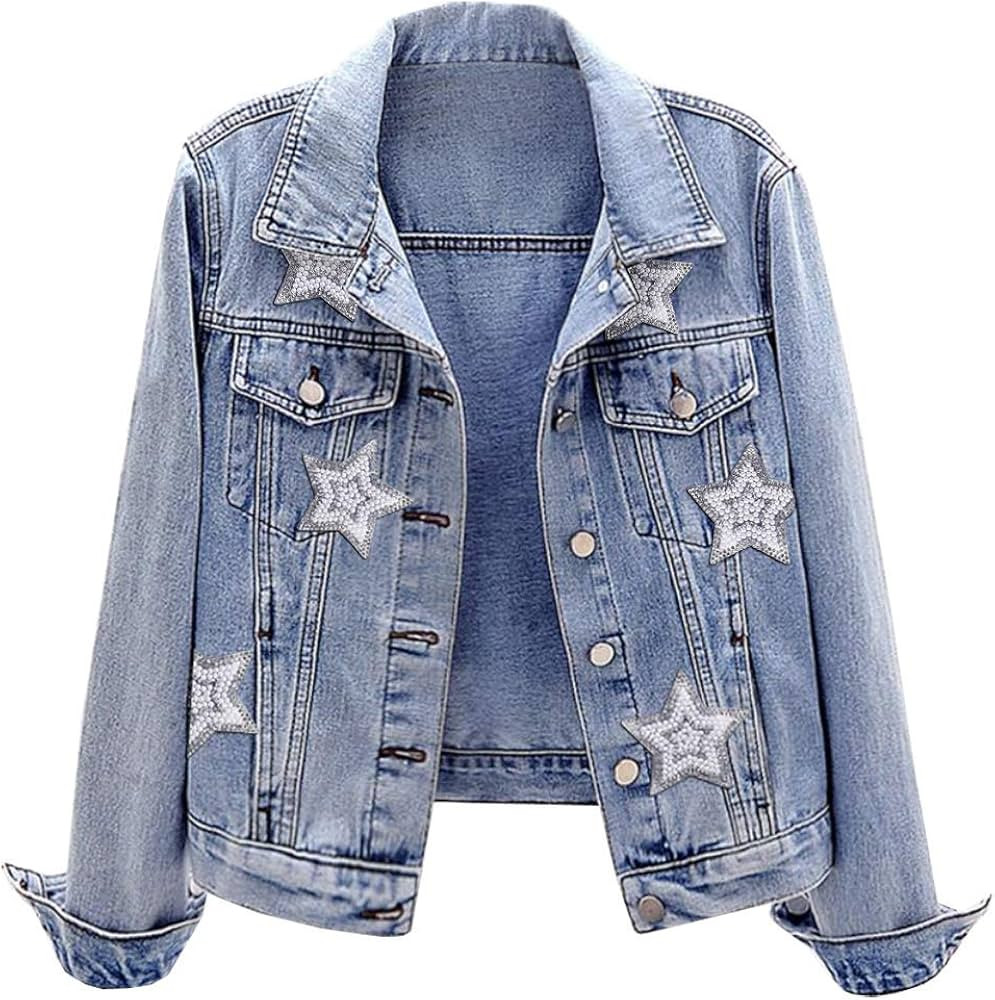 SCOFEEL Women's Distressed Jean Jackets Button Down Denim Jacket Coat with Star Pattern | Amazon (US)
