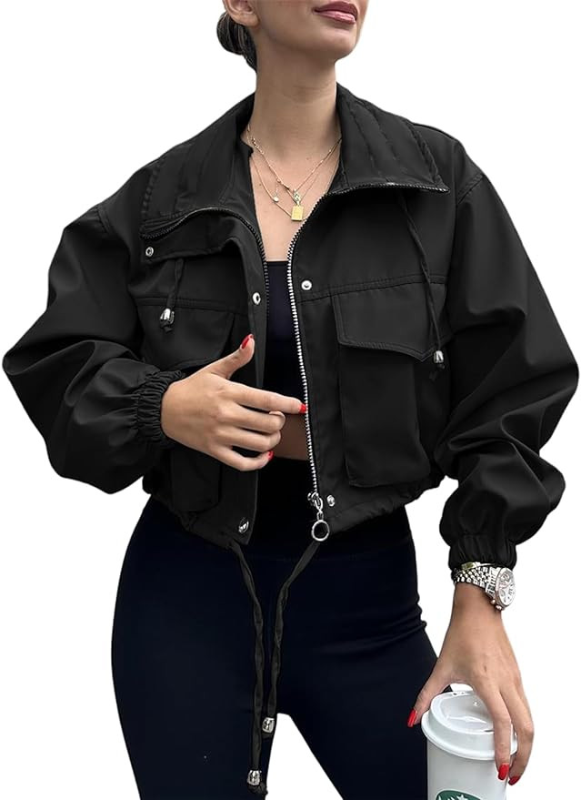 Tankaneo Womens Cropped Jacket Zip Up Lightweight Oversized Utility Anorak Coat with Pockets | Amazon (US)