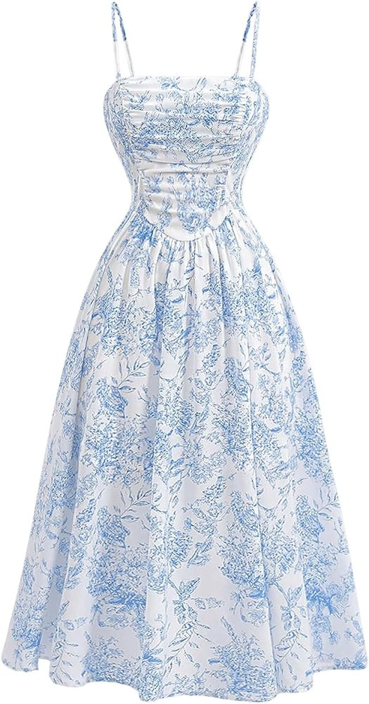 MakeMeChic Women's Floral Print High Waist A Line Cami Dress Shirred Spaghetti Strap Summer Midi ... | Amazon (US)