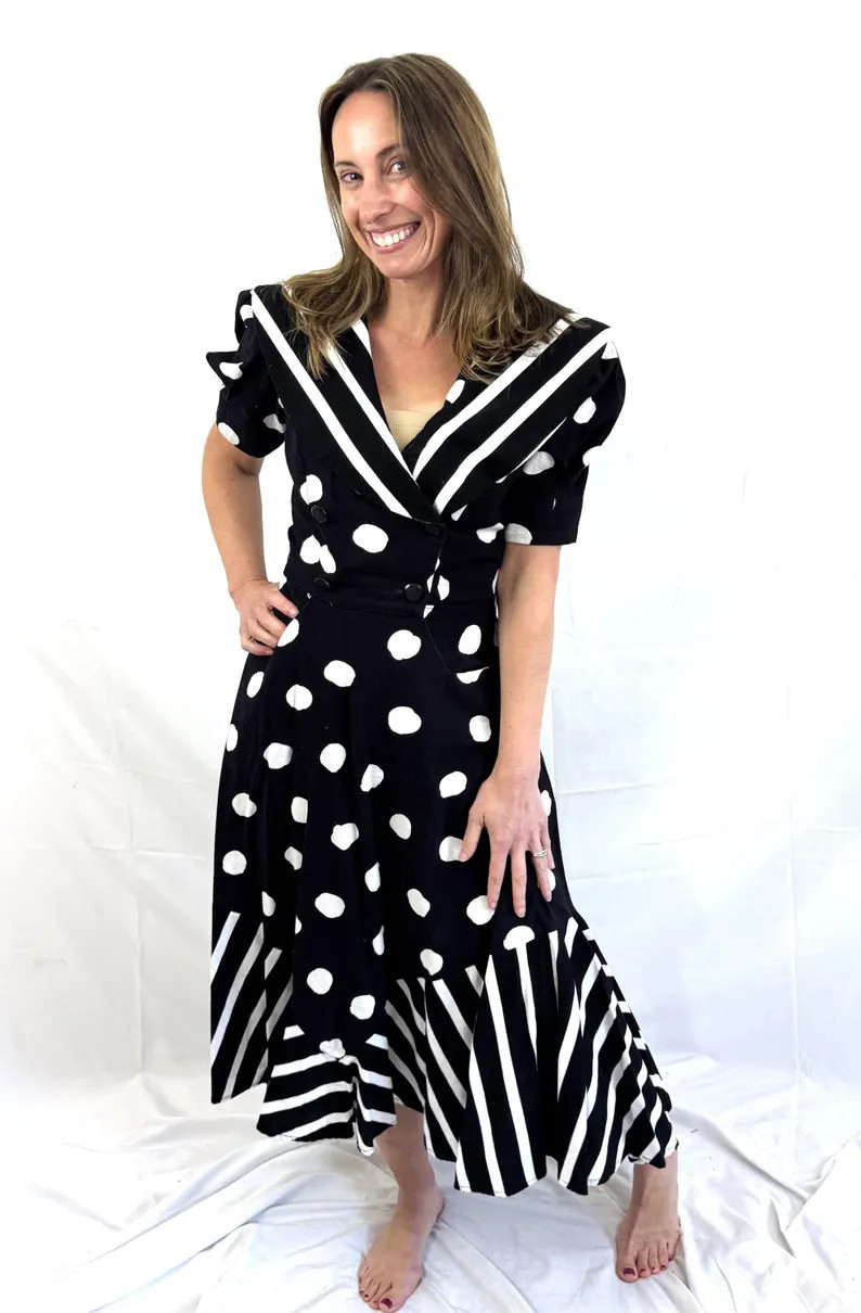Vintage Vtg 1980s 80s Polka Dot Striped Black White Fitted Dress - David Mitchell | Etsy (Global)