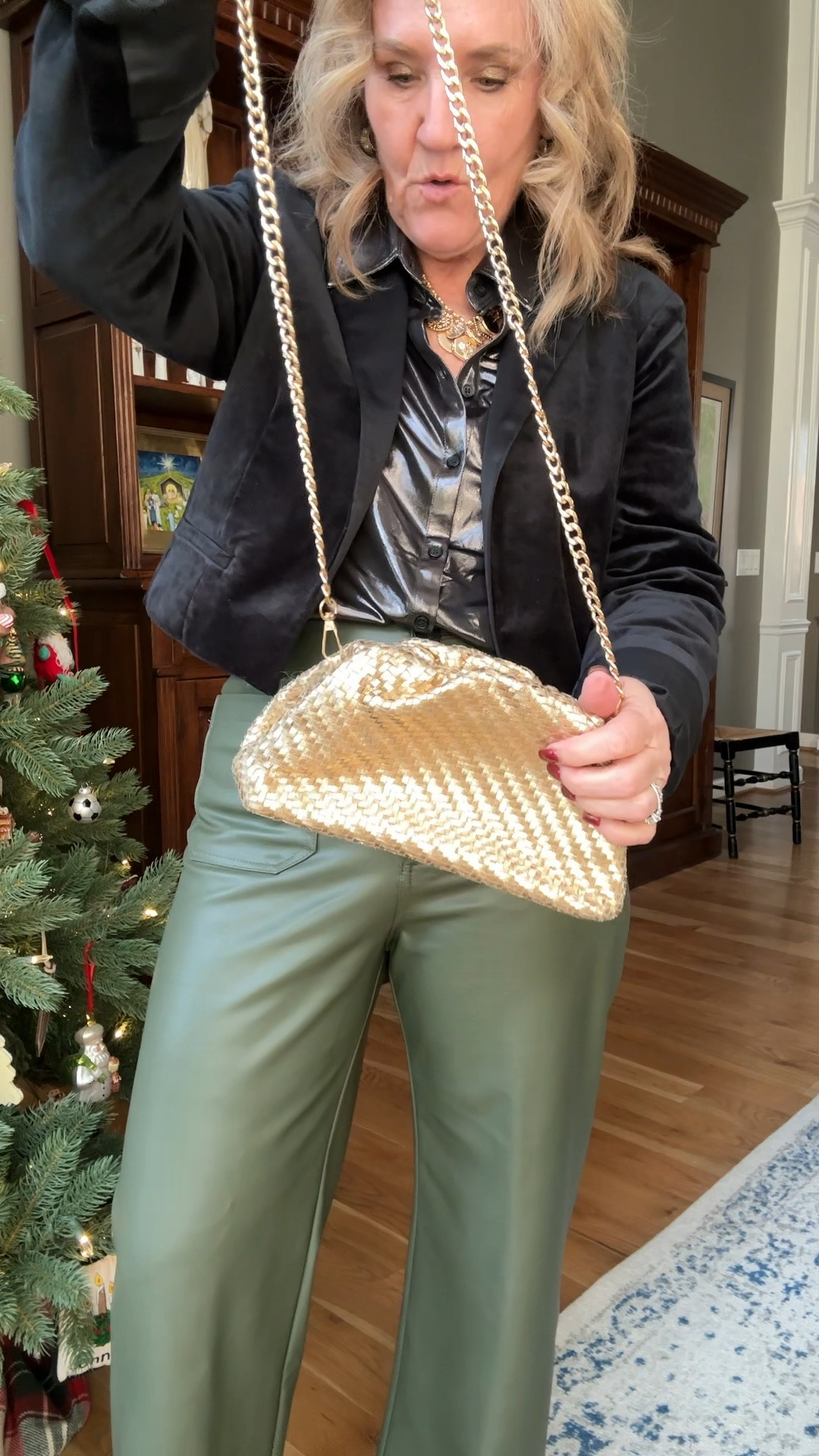 The Frankie clutch in gold is a favorite! 

This brevet cropped tuxedo jacket? Winner! And on sale! I’m wearing a medium. You will wear this for years to come. Over a skip dress or sheath dress for a wedding guest dress. 

Shine blouse is soft and is a knit. It’s lovely. Wearing a medium in the carbon color. 

Olive Colette faux leather in a 29. 

My bow slingbacks are limited. I’ll link similar. 

Holiday outfit, Christmas outfit, Christmas Eve outfit NYE holiday party outfit Anthropologie 

#LTKItBag #LTKHoliday #LTKOver40