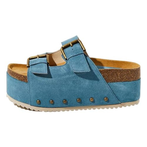 heelchic Platform Sandals Women, Blue Chunky Platform Wedges with Arch Support, Double Buckle Casual Open Toe Slide Sandals Blue 10 | Amazon (US)