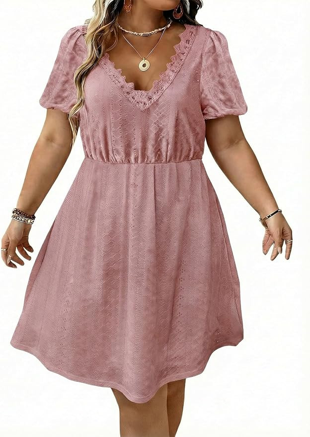 Eytino Plus Size Dresses for Curvy Women Summer Short Sleeve Lace V Neck Knitted Jacquard Swing A... | Amazon (US)