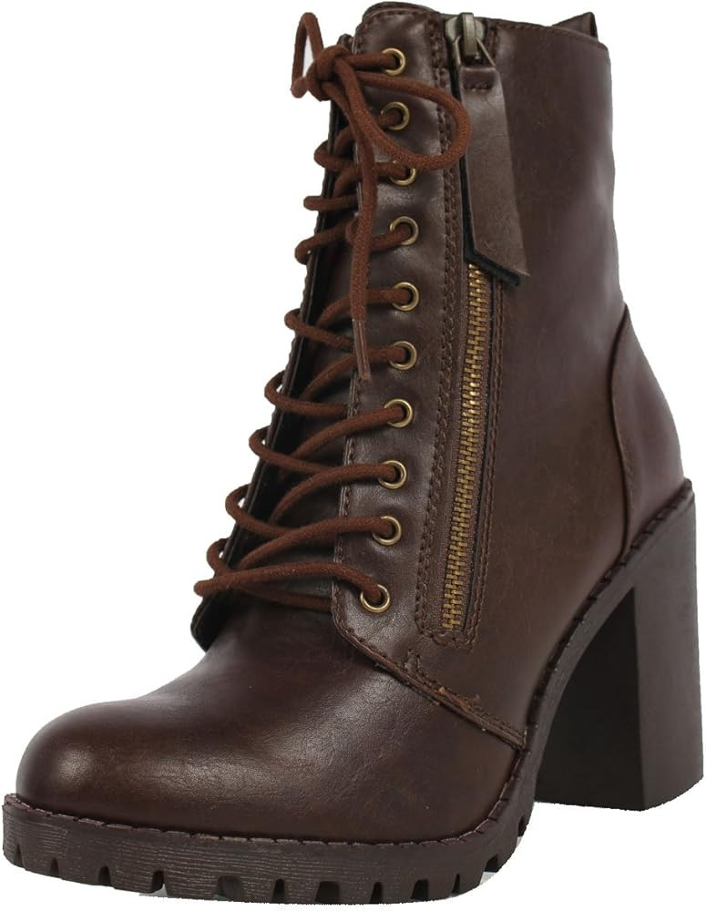 Soda Malia Brown Faux Leather Lace Up Rounded Closed Toe Chunky Ankle Boots | Amazon (US)