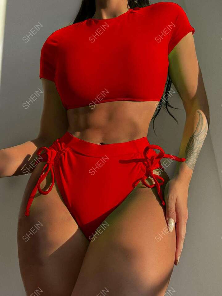 SHEIN Swim Summer Beach Lace Up Back High Waist Bikini | SHEIN