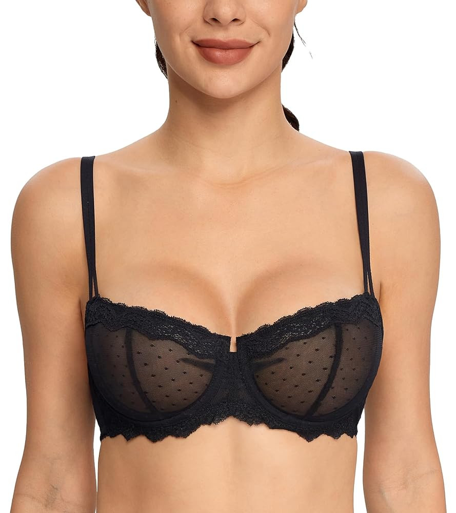 HACI Women's Lace Mesh Balconette Bra Sheer Demi Scoop Neck Push Up Plus Size Sexy Full Coverage ... | Amazon (US)