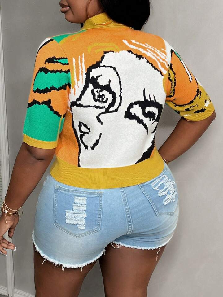 Slaydiva Plus Women Summer Short Sleeve Single-Breasted Slim Crop Cardigan With Abstract Face Pat... | SHEIN