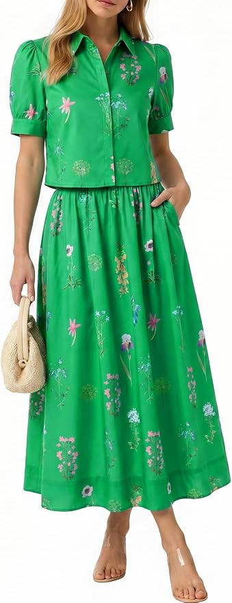 Tankaneo Womens 2 Piece Floral Skirt Sets Puff Sleeve Blouse and Elastic Waist Matching Set Vacat... | Amazon (US)