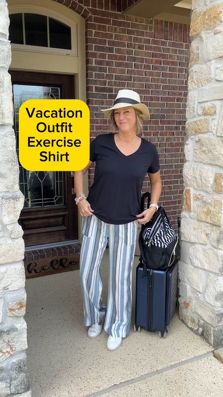 Vacation outfit, not an airport travel outfit since the wide leg pants are long, no wrinkles in this shirt, exercise shirt, beach hat, sneakers are supportive #travelstyle #vacationoutfit #traveloutfit 

#LTKshoecrush #LTKtravel