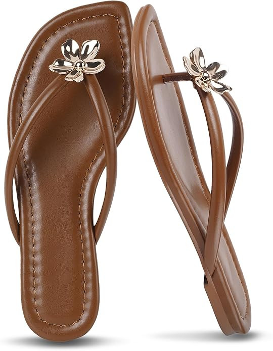 Women's Flip Flops Floral Flat Sandals for Women Square Toe Slip on Comfortable Dressy Thong Sand... | Amazon (US)