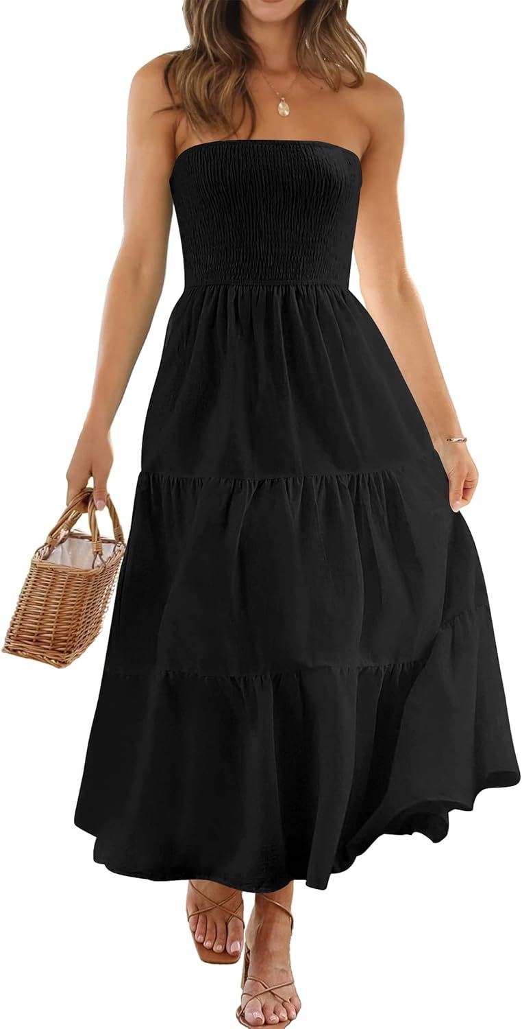 LILLUSORY 2023 Trendy Smocked Strapless Midi Dress for Women Flowy Tiered A Line Dress with Pocke... | Amazon (US)