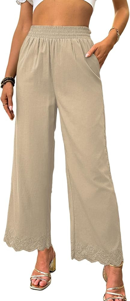 Dokotoo Casual Pants for Women High Waisted Elastic Wide Leg Pants Eyelet Lace Hem Trousers with ... | Amazon (US)