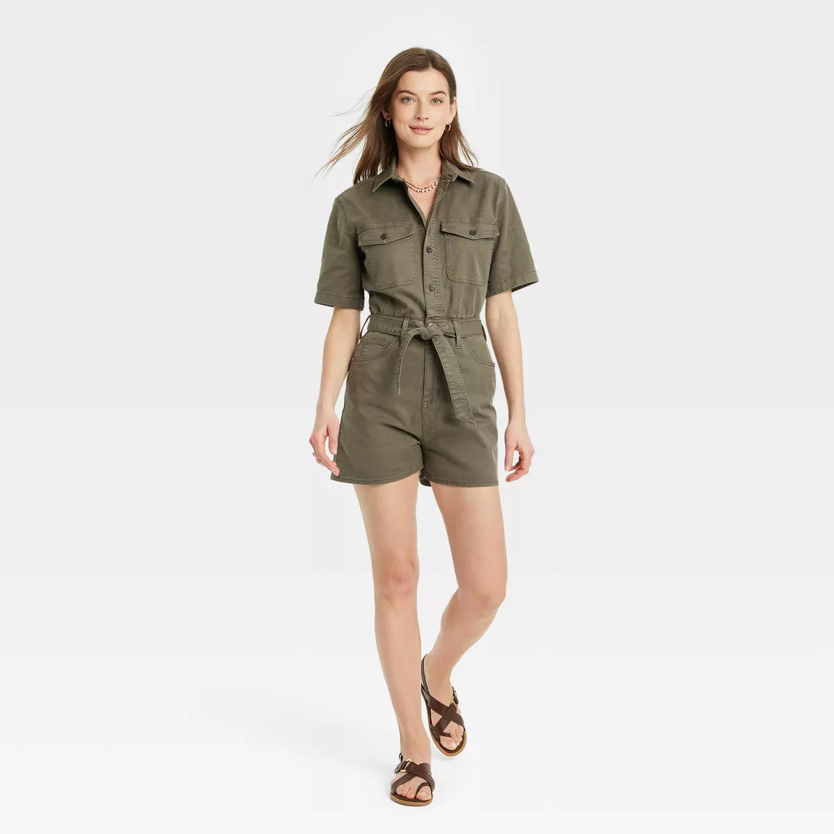 Women's Short Sleeve Denim Romper - Universal Thread™ Olive Green | Target