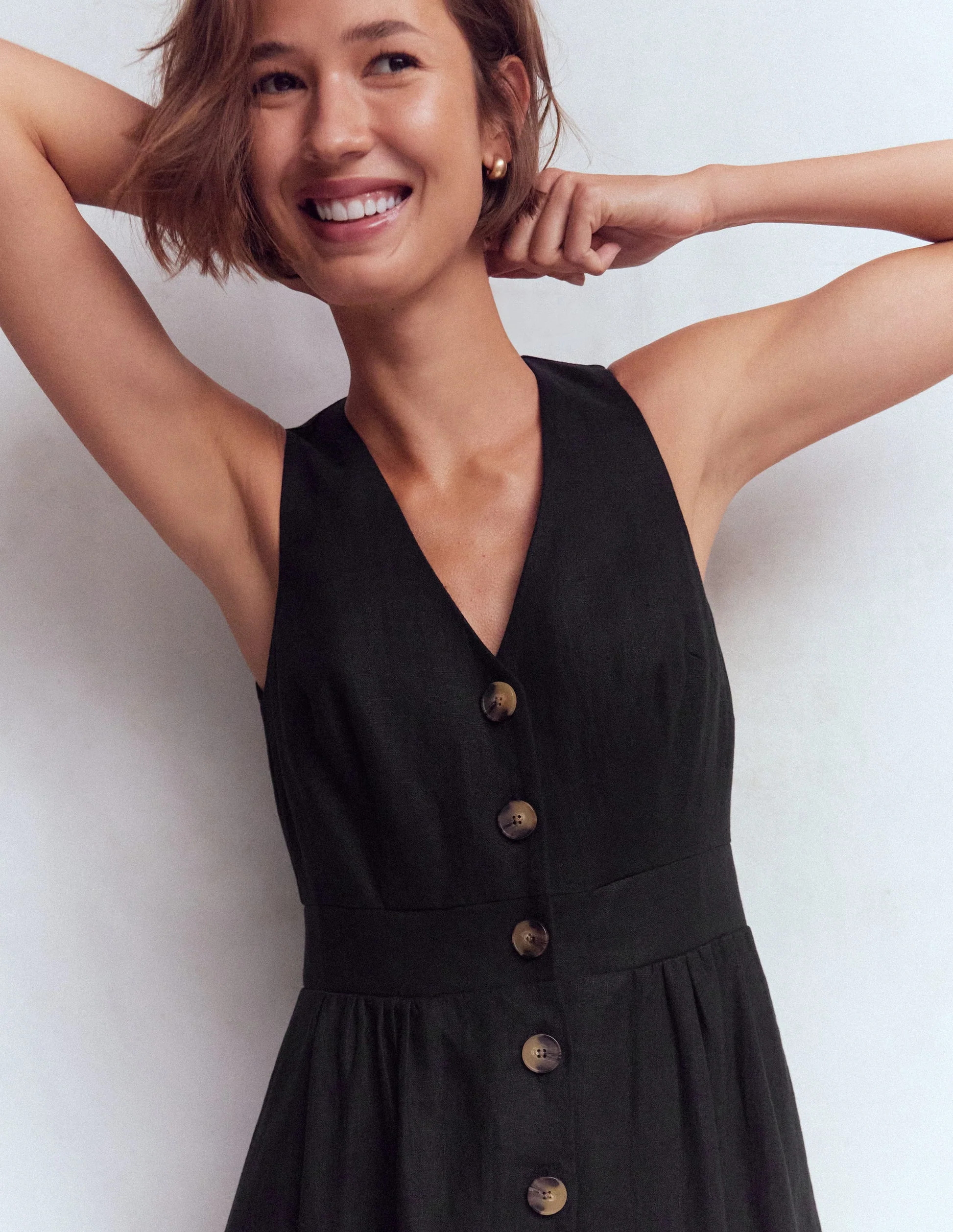Catherine Button Linen Dress-Black | Boden UK