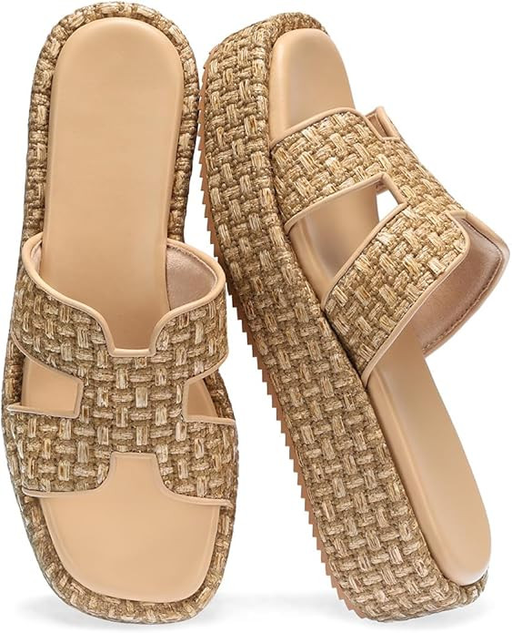 Monrovia Raffia Platform Sandals for Women Slip-On Espadrille Wedges Slides, Flatform Woven Straw... | Amazon (US)
