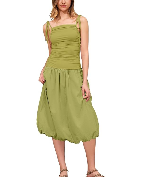 Women Sleeveless Summer Dress Square Neck Ruched Midi Dress Bubble Hem Adjustable Straps Vacation... | Amazon (US)