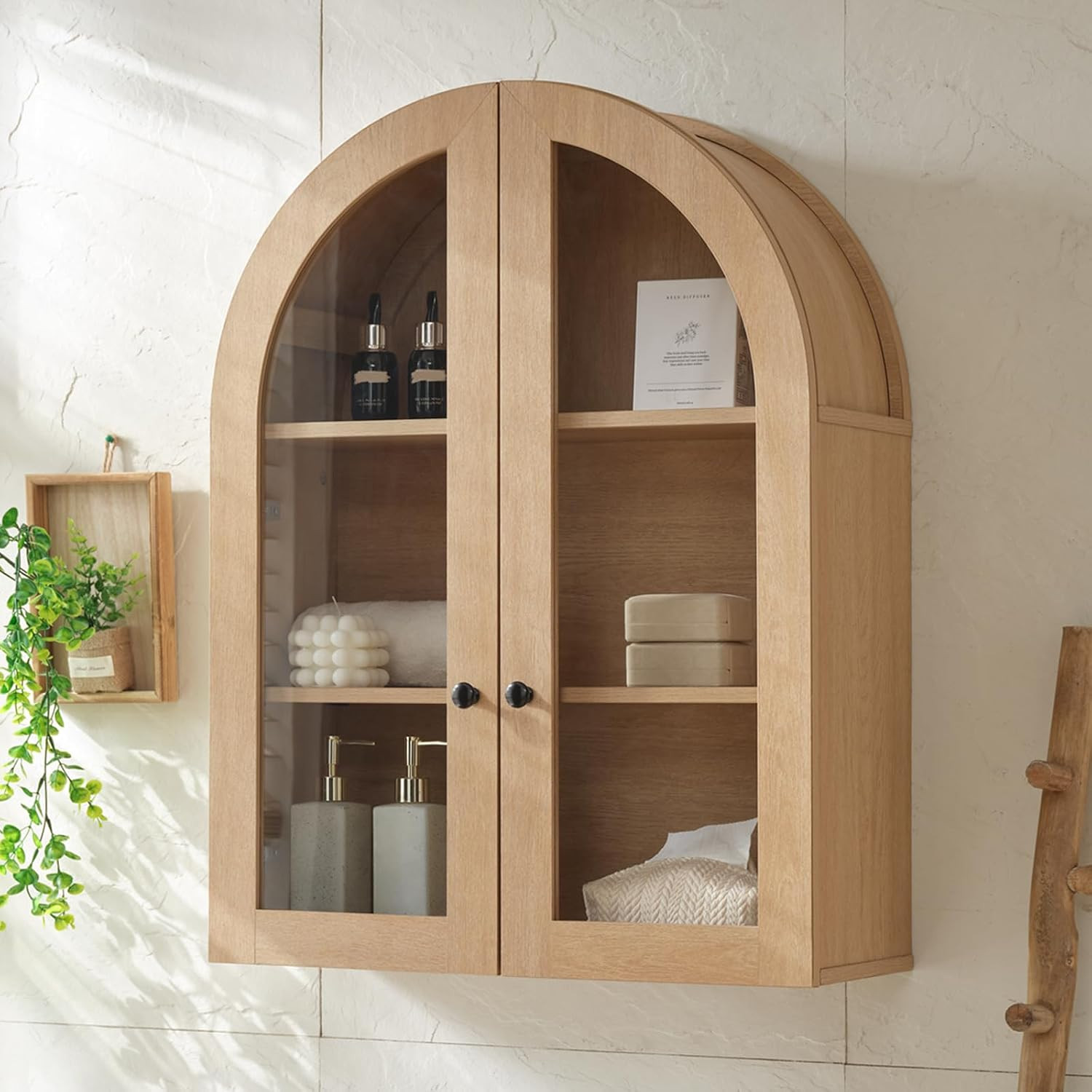 Bathroom Arched Wall Cabinet Medicine Cabinet, 23.5×31.4 Inch Bathroom Cabinet Wall Mount with Glass Doors & Adjustable Shelves, Wood Cabinet for Laundry Room, Kitchen,Natural Oak | Amazon (US)