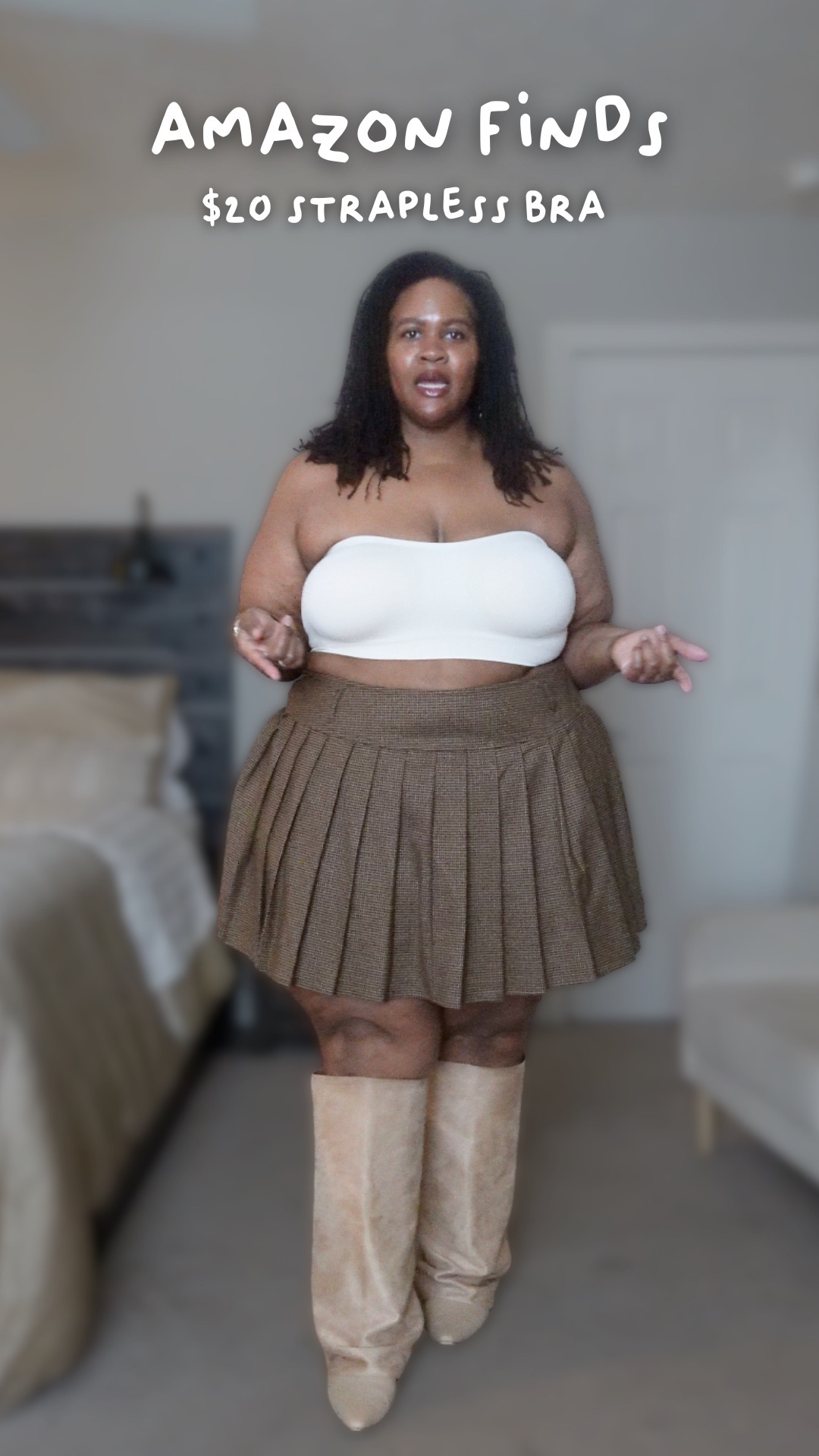 Can you believe this strapless bra is only $20?? I’m wearing this in an XXL in the shade Beige. It has ribbing and lining to prevent it from slipping all while providing support. 

I’m wearing the Brown top in a size 22 and the brown pleated skort in a size 24. The boots are in a size 12W! 

#LTKFindsUnder50 #LTKPlusSize #LTKootd