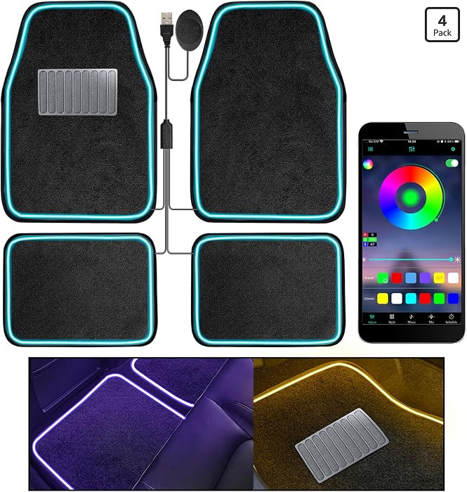 Soft Car Floor Mats with Led Strip Light, App Control Leather Interior Car Lights Floor Mats, Uni... | Amazon (US)