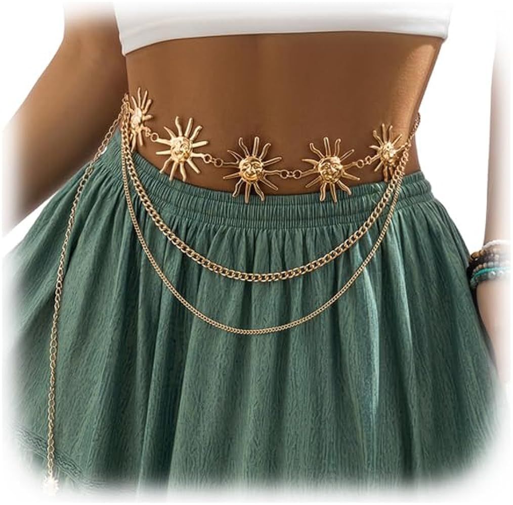 Women Multilayer Tassel Sun Pendant Waist Belt Bikini Hollow Out Waist Chains Jewelry Metal Long ... | Amazon (US)