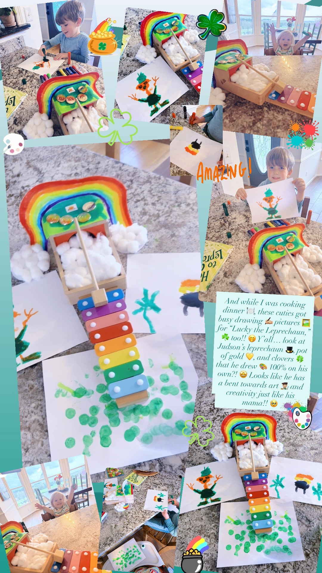 And while I was cooking dinner 🍽️, these cuties got busy drawing ✍🏼 pictures 🖼️ for “Lucky the Leprechaun,” ☘️ too!! 🤭 Y’all… look at Judson’s leprechaun 🎩, pot of gold 💛, and clovers 🍀 that he drew 🎨 100% on his own?! 🤩 Looks like he has a bent towards art 👨🏼‍🎨 and creativity just like his mama!! 🥹

#LTKmomlife #LTKKids