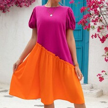 Women Casual Vacation Color Block Pink And OrangeSpliced Summer Cotton Dress | SHEIN