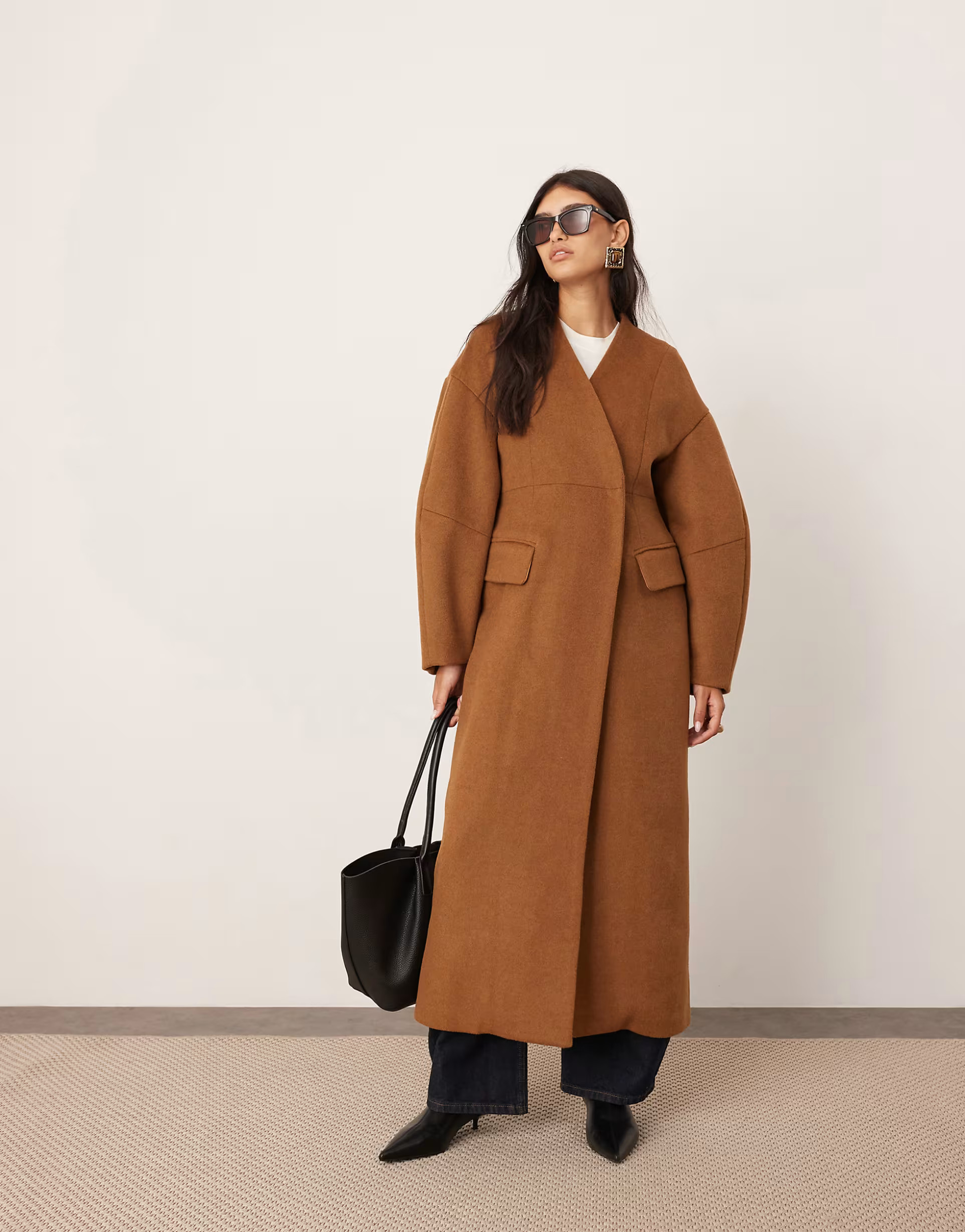 ASOS EDITION wool mix cinched waist ovoid sleeve midi coat in chestnut | ASOS (Global)